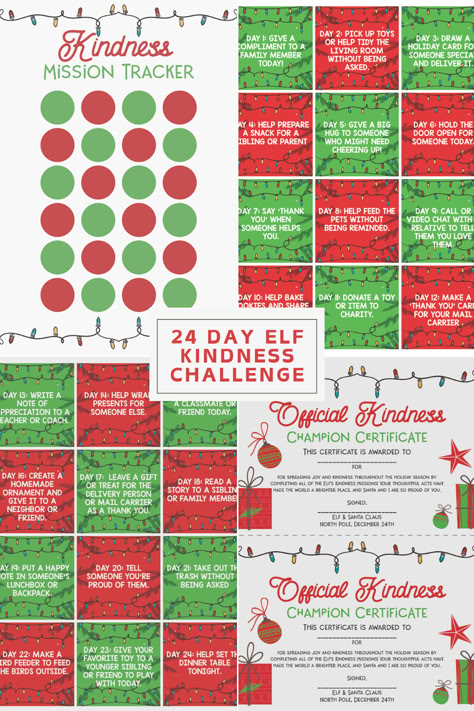 24 Day Elf Kindness Challenge Printable: Includes a Kindness Mission Tracker with red and green circles, daily kindness tasks in red and green boxes, and an Official Kindness Champion Certificate. A fun and festive way to encourage good deeds in kids throughout December. Elf On Shelf Acts Of Kindness, Acts Of Kindness For Kids Christmas, Elf On The Shelf Classroom Ideas Kindness Elves, Kindness Elf Printables Free, December Kindness Calendar For Kids, 25 Days Of Kindness Christmas Kids, 25 Days Of Kindness Christmas, Acts Of Kindness Elf On Shelf, Elf Acts Of Kindness For Kids