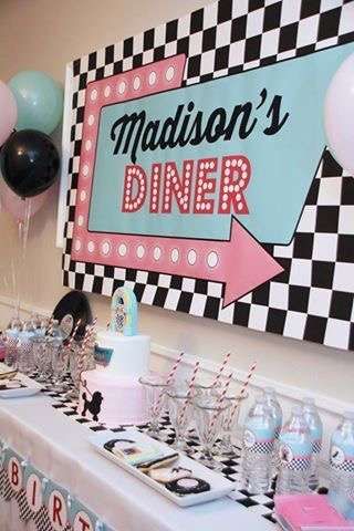 Madison’s 50s Diner  | CatchMyParty.com Diner Birthday Party, 50s Party Decorations, Grease Themed Parties, Grease Party, 50s Theme, 50s Theme Parties, 80's Vibes, Retro Birthday Parties, Sock Hop Party