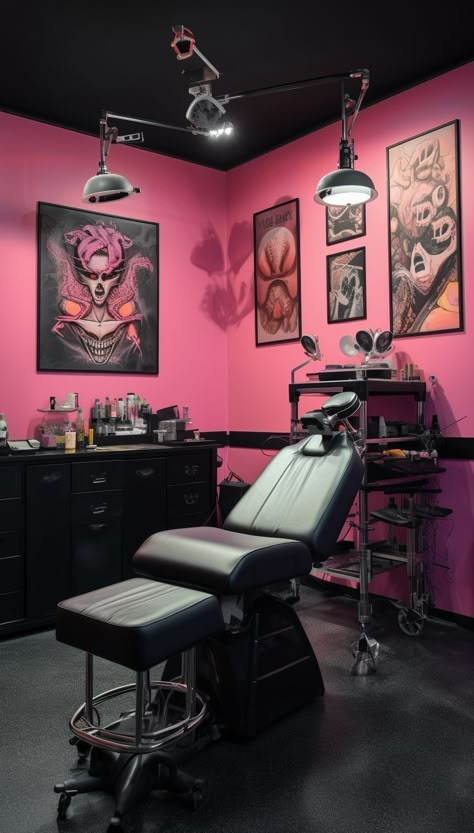 Piercing Room Decor, Piercing Studio Decor, Tattoo Room Ideas, Pink Tattoo Studio, Piercing Room, Tattoo Shop Interior, Tattoo Room, Tattoo Shop Decor, Tattoo Studio Interior