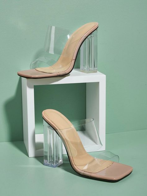 Light Blue Heels, Elegant Shoes Heels, Clear Mules, Pink Mules, Fancy Heels, Shein Shoes, Lucite Heels, Clear Shoes, Heeled Mules Sandals