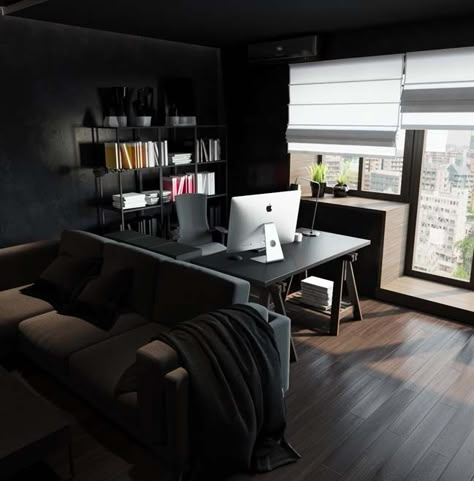 The black home office is this small apartment can certainly attract attention Traditional Home Offices, Black Apartment, Elegant Home Office, Black Bedroom Decor, Black Home Office, Computer Desk Setup, Home Studio Setup, Apartment Makeover, Modern Luxury Bedroom