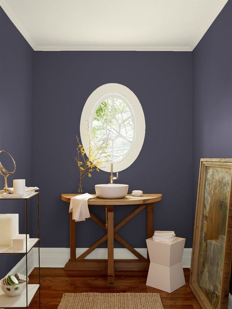 Benjamin Moore Shadow 2117-30 WALL Ashwood OC-47 TRIM Halo OC-46 CEILING Olive Green Paints, Purple Bathroom, Wall Color Combination, Color Combinations Paint, Colors Combinations, Painting Colors, Green Paint Colors, Benjamin Moore Colors, Benjamin Moore Paint