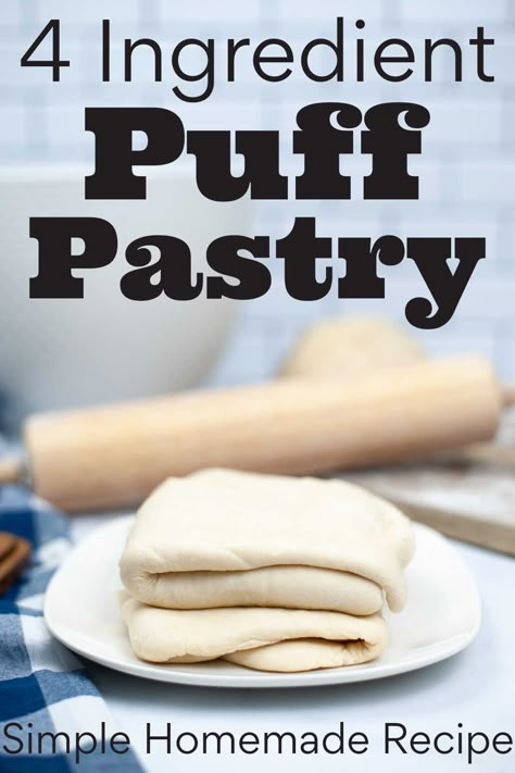 This 15 minute recipe will provide homemade puff pastry dough using just four ingredients. You will be shocked at how easy it is to make this at home, you may never buy the store-bought variety again! via @savorandsavvy Puff Pastry Homemade How To Make, Diy Puff Pastry Recipes, Easy Flaky Pastry Recipe, Recipe For Puff Pastry Dough, 10 Minute Puff Pastry, Homemade Pastry Puff, Easy Pastry Dough Recipe, Homemade Danish Pastry Dough, Diy Pastry Dough