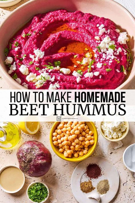 Make bright red beet hummus from scratch with this easy beet hummus recipe, with chickpeas, roasted beet, tahini, cumin, and fresh lemon. Beetroot Hummus Recipe, Beet Hummus Recipe, Roasting Beets In Oven, Roasted Beet Hummus, Beetroot Hummus, Hummus Recipes, Fusion Recipes, Beet Hummus, Homemade Hummus