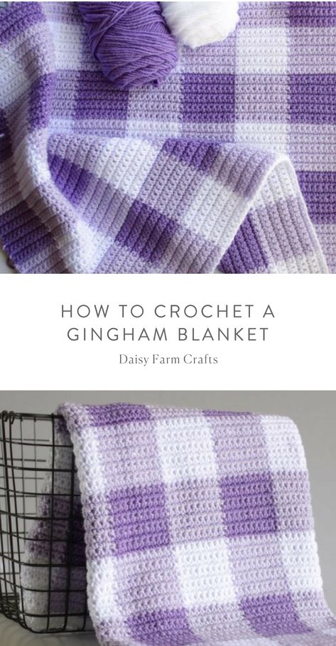 Gingham Blanket, Modern Haken, Crochet Blanket Tutorial, Crochet Purple, Plaid Crochet, Purple Gingham, Crochet Blanket Pattern Easy, Crochet Stitches For Blankets, Crochet For Beginners Blanket