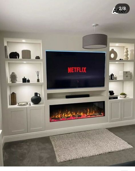 Diy Tv Wall, Tv Wall Units, Media Wall Unit, Feature Wall Living Room, Built In Shelves Living Room, Living Room Built Ins, Living Room Wall Units, Fireplace Tv Wall, Living Room Decor Curtains