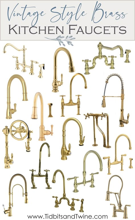 A roundup of beautiful vintage-style brass kitchen faucets! From utilitarian to old-world charm, these are the best kitchen faucets that I came across during my remodel search. Patina Kitchen Hardware, French Country Kitchen Sink Faucets, Bridge Faucet With Pull Down Sprayer, Brass Kitchen Sink Hardware, Vintage Brass Kitchen Faucet, Antique Gold Kitchen Faucet, Brass Sink Fixtures, Brass Gooseneck Faucet, French Country Faucets