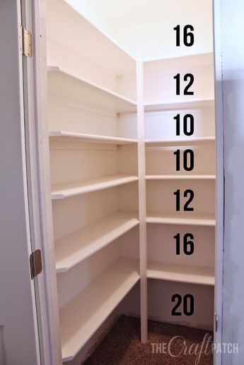 How to Build Strong Pantry Shelves. Tips for how far apart to space the shelves too. Skjulte Rum, Pantry Layout, House Pantry, Pantry Room, Pantry Remodel, Pantry Makeover, Kabinet Dapur, Pantry Shelving, Pantry Closet