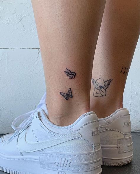 Emily on Instagram: “Fresh butterflies and healed cherub 🖤 thank you Sian #finelinetattoo” Back Of Ankle Tattoo, Butterfly Ankle Tattoos, Tiktok Tattoo, X Aesthetic, Ankle Tattoo For Girl, Dainty Tattoo, Trending Diy, Cherub Tattoo, Ankle Tattoos For Women