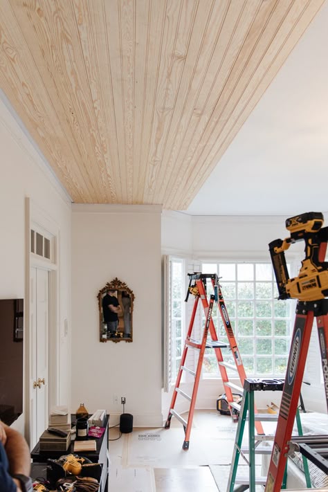 We added Beadboard to our Bedroom Ceiling! (Here's how!) - Chris Loves Julia Distressed White Ceiling, Beadboard Ceiling With Recessed Lighting, Plank Board Ceiling, Wooden Beadboard Ceiling, How To Bead Board Ceiling, Pine Beadboard Ceiling, White Ceiling Panels, Bleached Wood Ceiling, Painted Wood Panel Ceiling