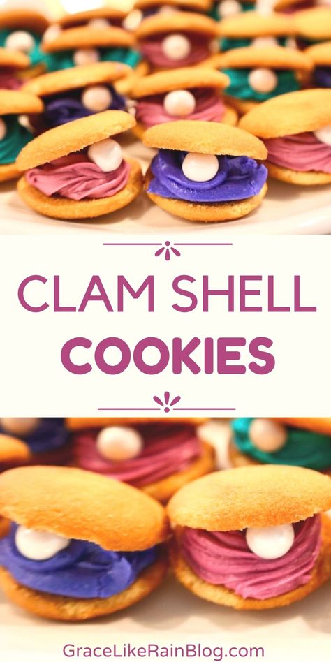 Clam Shell Cookies - Grace Like Rain Blog Shellebrate Birthday, Clam Cookies, Clam Shell Cookies, Apple Pie Cheesecake Bars, Shell Cookies, Hawaiian Luau Party Ideas, Stovetop Appetizers, Seashell Cookies, Little Mermaid Party Ideas