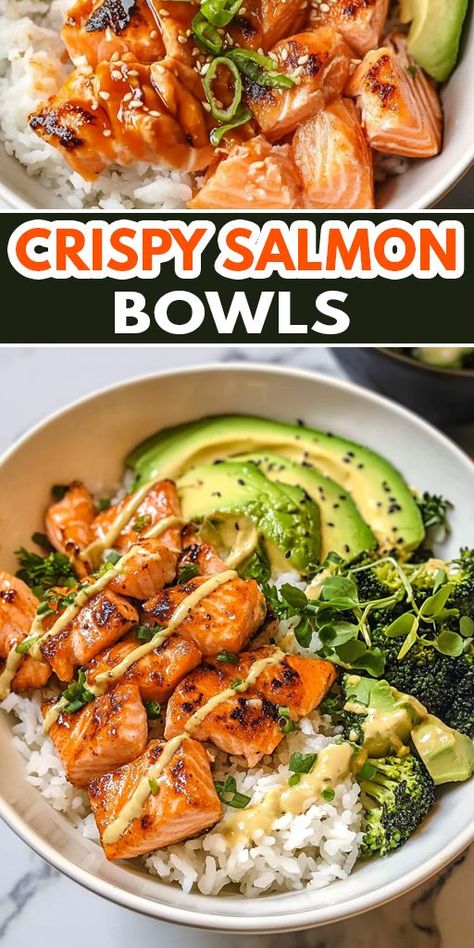 🍣 Enjoy a healthy and flavorful meal with these Crispy Salmon Bowls! Perfectly pan-seared salmon sits atop a bed of rice and veggies, drizzled with a tangy sauce for a burst of flavor. Great for meal prep or quick weeknight dinners, these bowls are customizable with your favorite toppings. 💡 Save this pin and try a delicious salmon bowl today! #SalmonBowls #HealthyDinnerIdeas #SeafoodRecipes #QuickMeals #MealPrep 🥑🍚 Salmon Bowl Lunch, Salmon Bowls Sauce, Salmon Dinner For One, Crispy Salmon Bowls With Bang Bang Sauce, Salmon Diet Recipes, Sesame Seed Salmon, Air Fryer Salmon Bowl With Spicy Mayo, Crunchy Salmon Bowl, Salmon Bowl With Cauliflower Rice