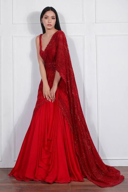 Draped Lehenga, Ritika Mirchandani, Drape Lehenga, Lehenga Sari, Net Embroidery, Saree Designs Party Wear, Red Lehenga, Saree For Women, Indian Dresses Traditional