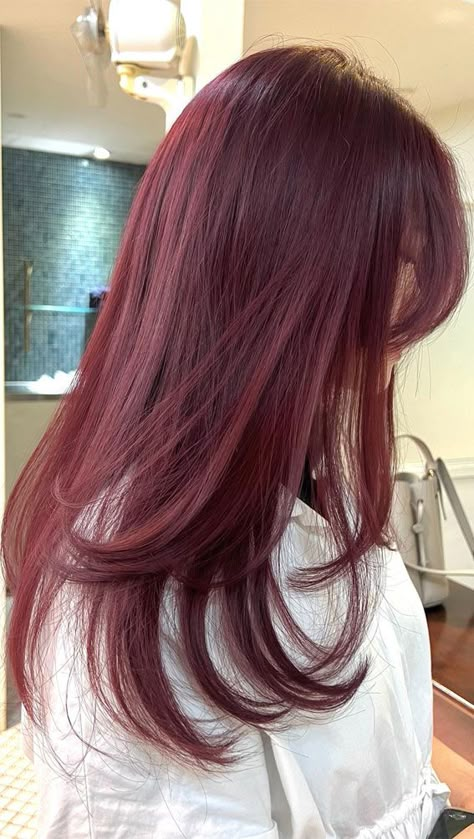 Best Hair Colour For Brown Hair, Cute Hair Colours For Brown Hair, Wine Cherry Red Hair, Red Hair Colours Ideas, Hair Dye Cherry Red, Hair Colour Red Wine, Hair Colour Fair Skin, Cherry Red Hair Dark Skin, Cherry Wine Hair Color Balayage