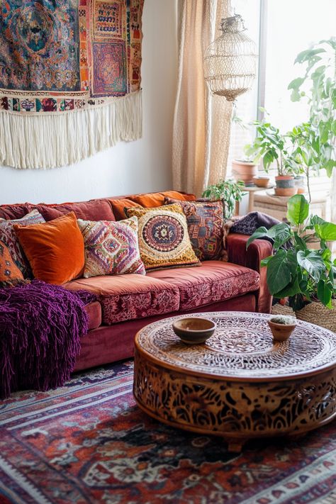 Transform your space with this cozy boho living room decor! 🌟 Vibrant pillows, lush plants, and intricate wooden furnishings create a warm, inviting atmosphere. Perfect for those who love eclectic styles and natural touches. #LivingRoomDecor #BohoVibes #HomeInspiration Maroon Couch, Cozy Boho Living Room, Bohemian Cottage, Perfect Living Room, Boho Living Room Decor, Red Sofa, Boho Living Room, Couches Living Room, Eclectic Style