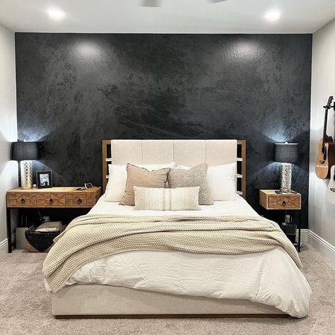 Masculine Bedroom Wallpaper, Man Cave Accent Wall Ideas, Textured Interior Walls, Black And Gold Accent Wall Living Room, Concrete Wallpaper Bedroom, Dark Wallpaper Bedroom Accent Wall, Black Wallpaper Bedroom Ideas, Room With Black Accent Wall, Black Feature Wall Bedroom