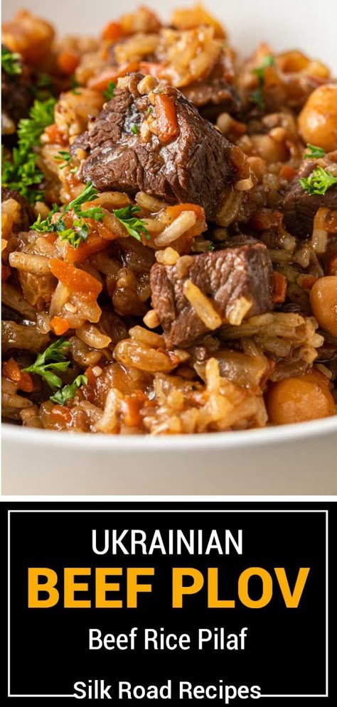 Beef Over Rice Recipes, Stewed Beef And Rice, Stew And Rice, Crockpot Beef And Rice, Russian Rice Pilaf, Beef Rice Pilaf Crockpot, Ukrainian Plov Recipe, Stew Beef And Rice Slow Cooker, Chicken Plov Recipe