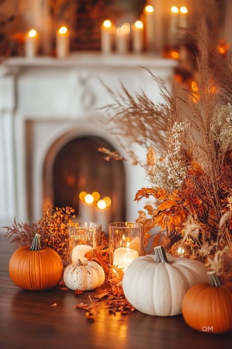 Fall living room decor featuring pumpkins, candles, dried leaves, and floral arrangements. Cozy autumn vibes with a lit fireplace in the background. Warm String Lights, Autumn Ambiance, Rustic Arrangements, Autumn Cottage, Orange Throw Pillows, Millennial Mom, Living Room Loft, Small Pumpkins, Fall Decorating Ideas