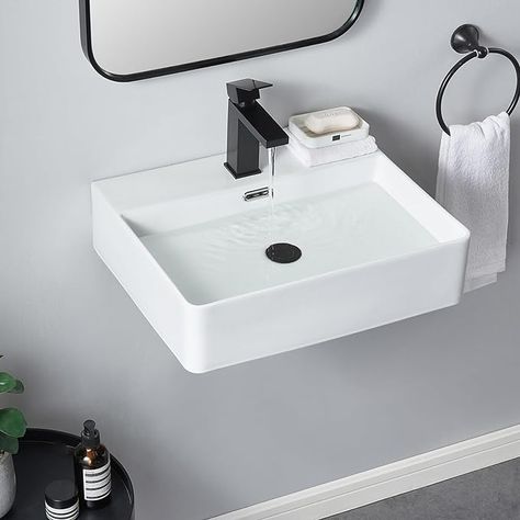 SHACO Wall Mount Sink for Small Bathroom, 20x16 Inch Wall Mounted Bathroom Sink with Installation Kit, Wall Hung Floating Sink White Single Hole Lavatory Powder Room Washroom Ceramic Bathroom Sink - Amazon.com Floating Sink Bathroom Small Spaces, Small Sinks For Small Bathrooms, Drake Cartoon, Floating Sink Bathroom, Wall Mounted Sink Bathroom, Sink For Small Bathroom, Floating Bathroom Sink, Wet Room Ideas, Mounted Bathroom Sink