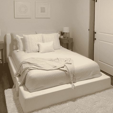 Room With Upholstered Bed, Big Bed Frames Bedroom Ideas, Cloud Bed Inspiration, Soft Bed Frame Ideas, Restoration Hardware Cloud Bed, Low Beds Ideas, Soft Frame Design Bed, Bed Frame Low To The Ground, White Soft Bed Frame