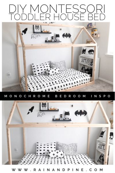 Floor House Bed, Diy Floor Bed, Diy Seng, Diy Toddler Bed, Toddler House Bed, Monochrome Bedroom, Boy Toddler Bedroom, Diy Montessori, Minimalist Dekor