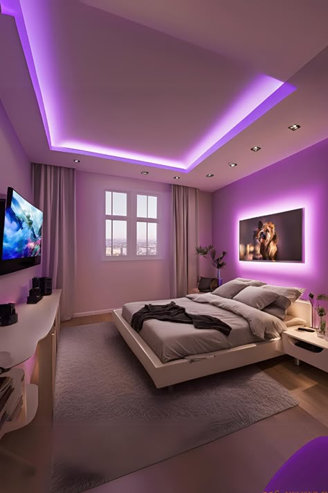 led strip light cozy teen bedroom ideas with king sized bed Bedroom Ideas W Led Lights, Modern Room With Led Lights, Room Design With Led Lights, Simple Led Lights Bedroom, Led Lights Behind Headboard, House Interior Led Lights, Rgb Lighting Ideas Bedroom, Led Light Room Ideas, Led Apartment Aesthetic