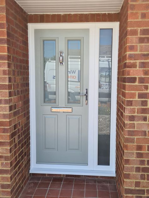 Light Grey Composite Front Door, Front House Ideas Entrance, Front Door Upvc, Pebble Grey Front Door, Glazed Front Door Ideas, Composite Doors Uk, Front Door Grey, White Composite Front Door, Light Grey Front Door