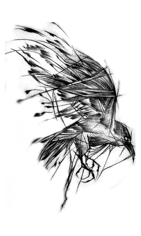 Crow Sketch Tattoo, Abstract Raven Tattoo, Raven Wings Drawing, Corruption Tattoo, Crow Tattoo Design Ravens, Jackdaw Tattoo, Raven Tattoo Stencil, Raven Drawing Sketch, Wolf Raven Tattoo