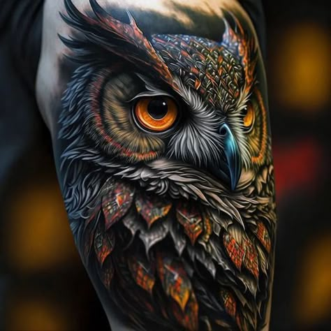 Owl Tattoo Back, Black Owl Tattoo, Owl Eye Tattoo, Colorful Owl Tattoo, Owl Tattoo Meaning, Realistic Owl Tattoo, Tatoo 3d, Tattoos About Growth, Owl Tattoo Drawings