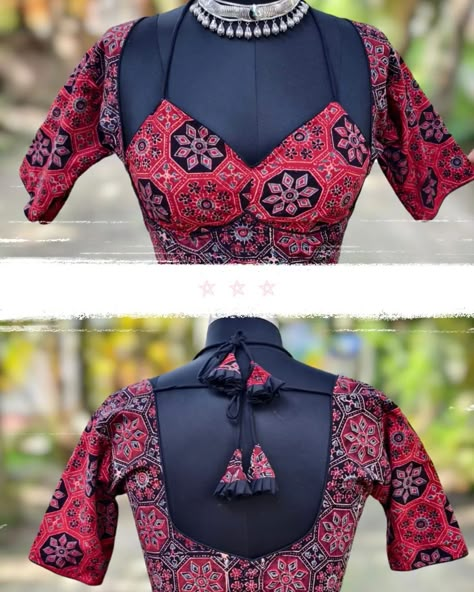 Price__650 free shipping *EXCLUSIVE COLLECTION* *AJRAKH MOMTAJ CUT BLOUSE* *PADDED* *BACK OPEN* *GLASS SLEEVES* *SIZE* *Chest upto 44 last* *Waist upto 40 last(ready* *size 34)* *Blouse length 15 inch* *Sleeves length 11 inch* *Cotton liling* *BEST QUALITY* Dm-Instagram ऑर्डर करने के लिए यहां व्हाट्सएप करें। *+919739484239*- *Resller welcome* *singl pis also available* How to Book? 1. Direct message @blousebymanushree or *Whatsapp* to *9739484239* Book your order and for fu... Blouse Cotton Designs, Ajrakh Blouse Designs Latest, Blouse Design With Sleeves, Blouse Models For Fancy Sarees, Back Open Blouse Designs, Sleeves Designs For Blouse, Ajrakh Blouse Designs, Blouse Designs Sleeves, Back Designs For Blouse Saree