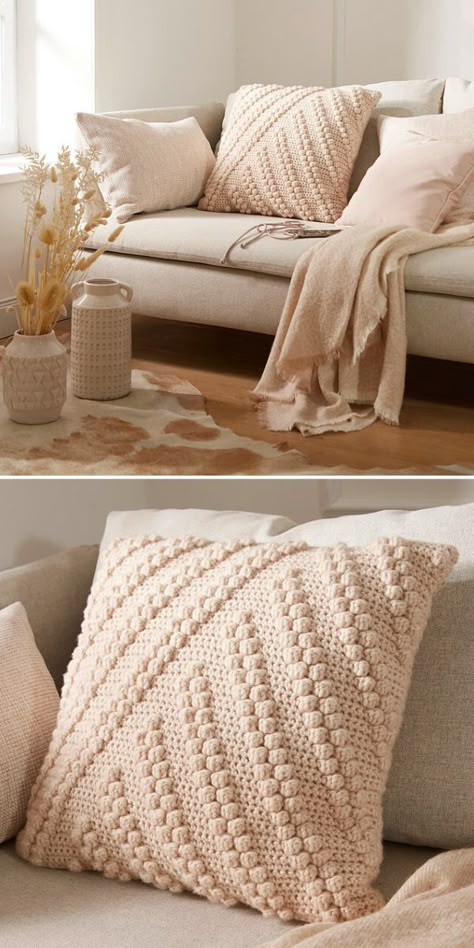 Cushion Cover Crochet Free Pattern, Knitted Pillows Patterns, Cushion Crochet Pattern Free, Crochet A Pillow Cover, Crochet Scandinavian Style, Bobble Crochet Pillow Patterns, Knit Cushion Cover Pattern Free, Knit Pillow Case, Knit Pillowcase Pattern