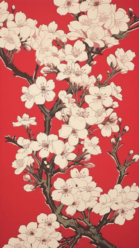 Sakura flowers wallpaper blossom pattern. AI generated Image by rawpixel. | premium image by rawpixel.com Chinese Patterns Traditional Flower, Red Flower Wallpaper Aesthetic, Cherry Blossom Aesthetic Drawing, Chinese Flower Wallpaper, Imac Wallpaper Desktop Backgrounds Hd, Sakura Background Aesthetic, Red Cherry Blossom Wallpaper, Red Wallpaper Flower, Red Pattern Aesthetic