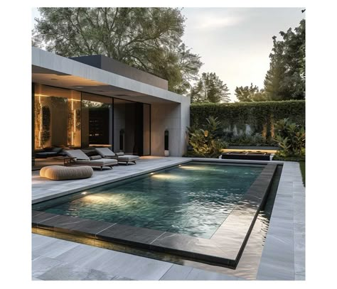 Villa Pool Garden, Pool With Garden Landscaping, Landscape Pool Design, Pool With Lounge Area, Pool Terrace Design, Pool Sitting Area Ideas Patio, Terrace Pool Design, Pool Against House, Minimalist Pool Landscaping