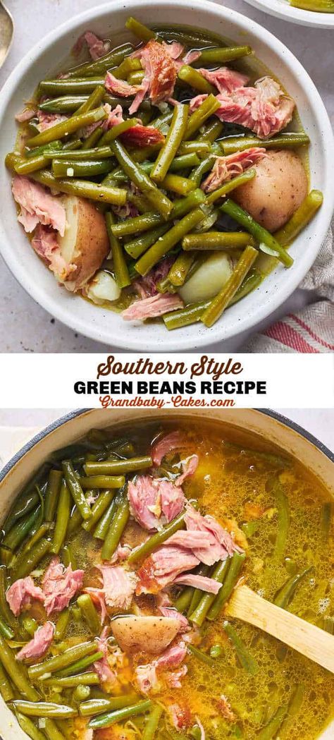 Easy Smothered Green Beans, Southern Beans With Smoked Turkey Necks And Potatoes, Southern Braised Green Beans, Southern Fresh Green Beans Recipe, Green Beans With Ham And Potatoes, Campfire Green Beans, Soul Green Beans, Easy Southern Green Beans, Green Beans With Turkey Necks