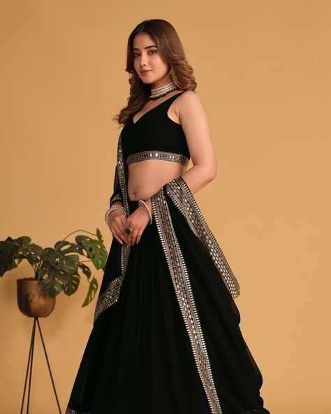 This black lehenga is everything regal and classic in sequins zari embroidery work with soft net Dupatta 🖤✨ SHOP NOW 🛍️ gotifab.com [ black lehenga,black party wear choli, wedding season, Indian wedding, bridal lehengas, red bridal lehengas] #blacklehenga #blacklengha #partywearlehenga , #weddinglehengasforbride #blackoutfits Lehenga Black, Chaniya Choli Wedding, Sequence Lehenga, Black Lehenga Choli, Lehenga Crop Top, Georgette Material, Lehenga Saree Design, Black Lehenga, Georgette Lehenga