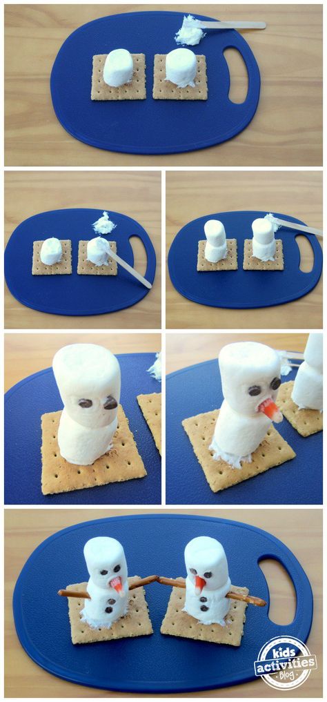 Make a Marshmallow Snowman Step by Step Marshmallow Snowman On A Stick, Winter Cooking For Kids, Edible Snowman, Snowman Crafts Preschool, Marshmallow Snowmen, Snowman Treats, Marshmallow Crafts, Christmas Food Crafts, Winter Snack