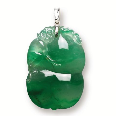 Lot | Sotheby's Jadeite Jewelry, Emerald Green Colour, Chinese Lacquer, Jade Design, Imperial Jade, Green Tone, White Gold Pendant, A Monkey, Jade Carving