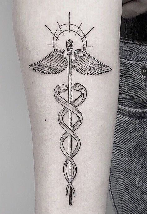 Staff And Serpent Tattoo, Hermes Staff Tattoo, Staff Of Asclepius Tattoo, Cadeusus Tattoo, Rod Of Asclepius Tattoo, Healthcare Tattoos For Women, Medic Tattoo, Medicine Tattoo, Healthcare Tattoo