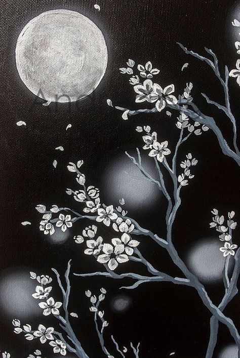 Big Canvas Painting Ideas Black And White, Cool Moon Paintings, Painting With Black Colour, Back And White Painting, Painting Idea Black Background, Dark Colour Painting, Art Ideas For Black Canvas, Japanese Moon Painting, Black And White Moon Art