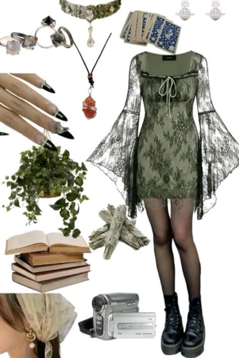 Sagittarius Rising Aesthetic Outfit, Green Witch Outfit Aesthetic, Taurus Venus Aesthetic Clothes, Dark Cottagecore Aesthetic Outfits, Cottagecore Witch Outfit, Goth Cottagecore Fashion, Dark Cottagecore Outfits, Dark Cottagecore Fashion, Fairy Aesthetic Outfit