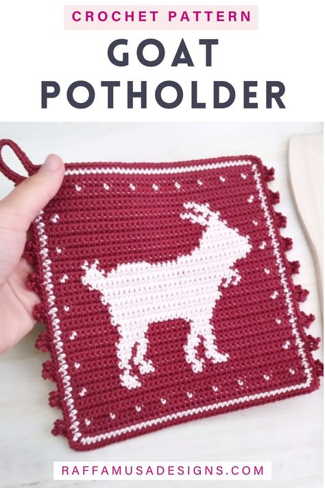 a crocheted potholder made using the tapestry crochet technique and featuring a goat silhouette Farmhouse Crochet Patterns, Crochet Gift Ideas For Men, Crochet Goat, Farmhouse Crochet, Crocheted Potholders, Pans And Pots, Dish Scrubbies, Crochet Potholder, Crochet Potholder Patterns