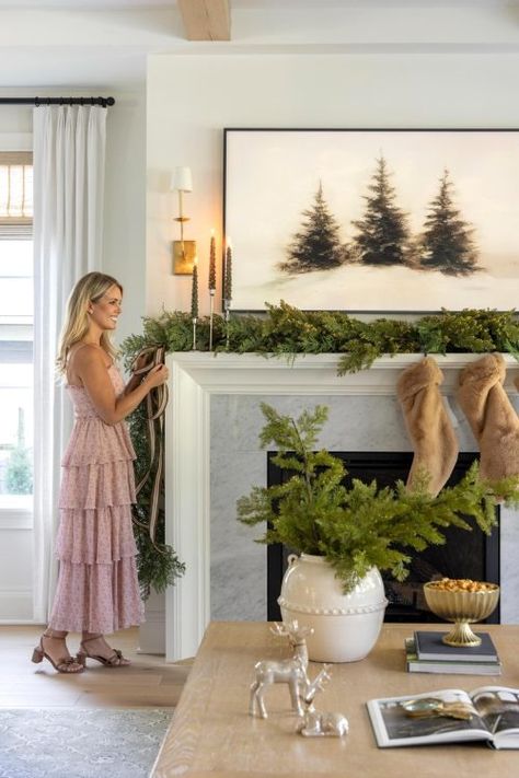 Team Picks From Brooke & Lou's Holiday Collection | Bria Hammel Interiors Back Of Chair Christmas Decor, Modern Fireplace Christmas Decor, Timeless Christmas Decor, Garland Mantle Christmas, Simple Christmas Mantle Decor, European Christmas Decor, Fireplace Christmas Garland, Subtle Christmas Decor, Fireplace Garland Christmas