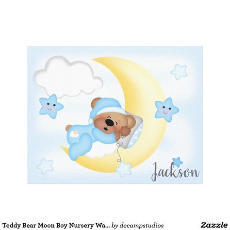 Teddy Bear Moon Boy Nursery Wall Art Canvas Print.  Sweet wall art for the nursery or little kids room.  See my board for more.  #pacifiercity #nurserydecor #littlekidsroomdecor #wallart #affiliate #zazzlemade Baby Boy Nursery Wall Art, Moon Stars Nursery, Baby Boy Nursery Woodland, Baby Room Paintings, Boy Nursery Wall Art, Baby Boy Nursery Art, Woodland Nursery Boy, Nursery Room Art, Nursery Prints Boy