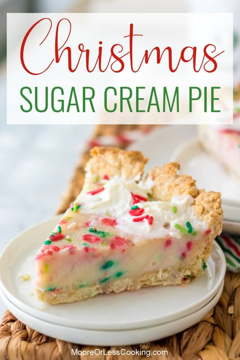 This fantastic pie is a holiday version of the popular old-fashioned custard pie that's egg-free and uses sugar, cream, cornstarch, vanilla, and cinnamon to create the scrumptious filling. Here, I add jimmy sprinkles to the crust and filling for a little something extra to celebrate the season! Christmas Custard Pie, Easy Pie For Christmas, Pie Ideas For Thanksgiving, Cream Pies Recipes Holiday, White Christmas Pie, Best Christmas Pies, Easy Christmas Pie Recipes, Holiday Pies Christmas, Winter Pie Recipes