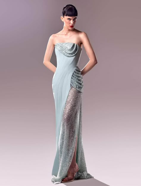 MNM Couture G1613 - Strapless Beaded Mesh Embellished Gown 10 / Blue Blue Gowns Elegant, Blue Couture Dress, Bling Dresses, Mermaid Concept, Couture Dresses Gowns, Premier Dress, Runway Fashion Dresses, Gala Gowns, Mnm Couture