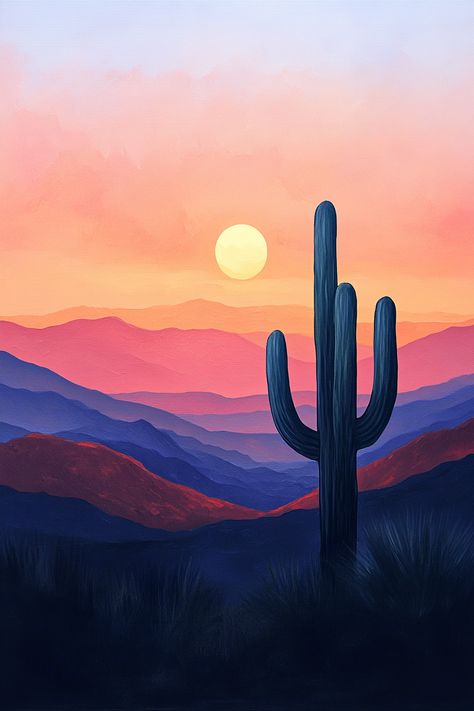 Transform your space with this stunning desert sunset wall art! 🌅 Featuring vibrant hues and a serene cactus silhouette, it's perfect for adding a touch of nature to your home. Explore more wall art ideas now! 🖼️ #WallArtIdeas #HomeDecor #DesertArt 🌟 Minimalist Desert Landscape, Simple Desert Painting, Desert Sunset Painting, Painting Exercises, Cactus Sunset, Cactus Silhouette, Beginner Drawing Lessons, Desert Background, Eagle Project