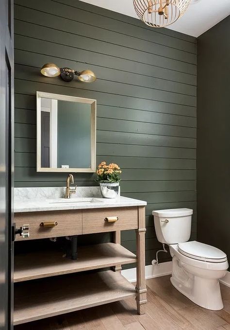 Dark Green Bathrooms, Modern Farmhouse Interior Design, Shiplap Bathroom, Farmhouse Interior Design, Wooden Vanity, Bad Inspiration, Green Paint Colors, Upstairs Bathrooms, Farmhouse Interior