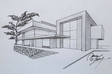 Architecture Drawing One Point Perspective, Sketch Of A Building, 1 Point Perspective Architecture, Architectural House Sketch, Building Drawings Architecture, Sketch Ideas House, Building Drawing Perspective, Two Perspective Drawing Buildings, House Perspective Architecture