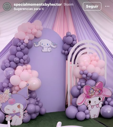 My Melody And Kuromi Birthday Party Ideas, My Melody And Kuromi Birthday Theme, Sanrio First Birthday, Kuromi My Melody Birthday Theme, Sanrio Balloon Arch, Kuromi Bday Theme, My Melody Party Theme, Kuromi Bday Party, My Melody Birthday Party Decorations