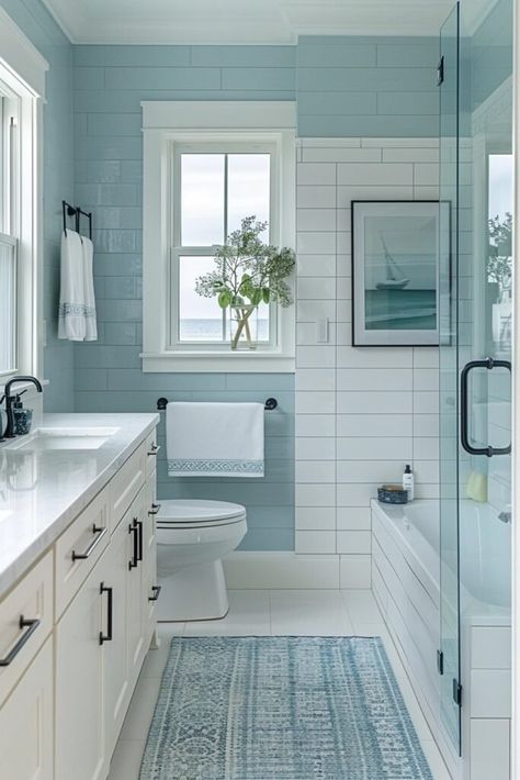 Cozy Coastal Bathroom, Primary Bathroom Remodel Ideas, Modern Coastal Bathroom Ideas, Seaside Bathroom Ideas, Blue Coastal Bathroom, Coastal Modern Bathroom, Coastal Chic Bathroom, Beach Bathroom Ideas, Small Coastal Bathroom Ideas